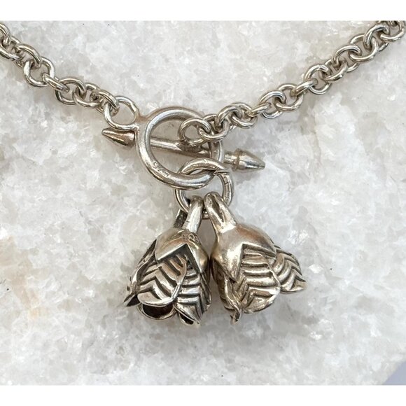 Double Floral Charmed Cable Chain 925 Sterling Silver Vintage Bracelet - 7.75" - Picture 1 of 10